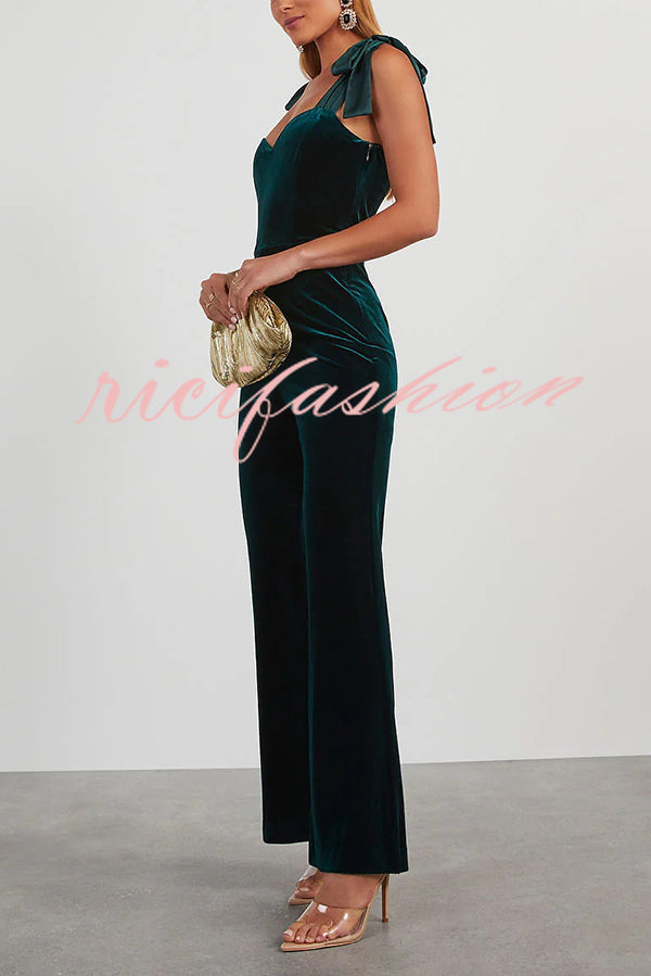 Merlot Sippin' Velvet Shoulder Tie Flare Stretch Jumpsuit