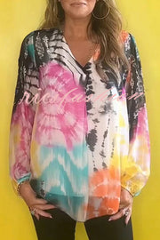 Fashionable Gradient Tie-dye V-neck Long-sleeved Casual Shirt