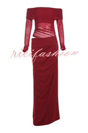 Exquisite Sexy Mesh Patchwork Off Shoulder Cutout Ruched Maxi Dress