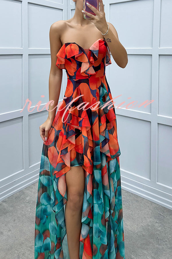 Loving Moment Gradient Unique Print Flowing Layered Ruffles Strapless Slit Maxi Dress