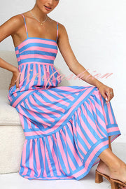 Beachy Dreams Striped Print Back Smocked Pocket A-line Slip Midi Dress