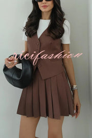 Solid Color Sleeveless Buttoned Vest and High-waisted Pleated Mini Skirt Set