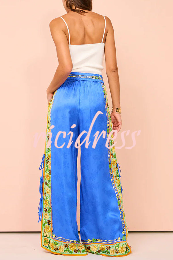 Nara Satin Unique Print Side Lace-up Tank and Elastic Waist Pocketed Wide Leg Pants Set