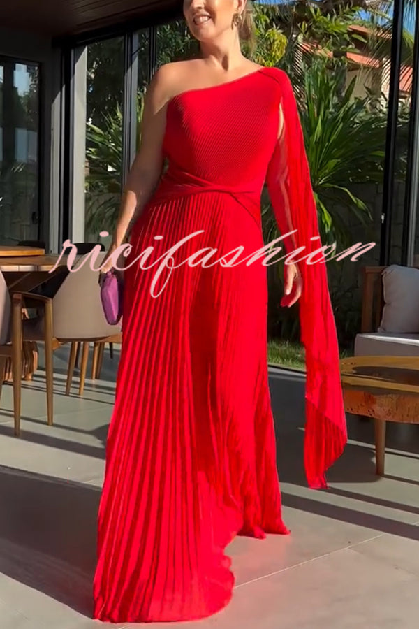 Kate Pleated One Shoulder Drape Sleeve Twist Waist Maxi Dress