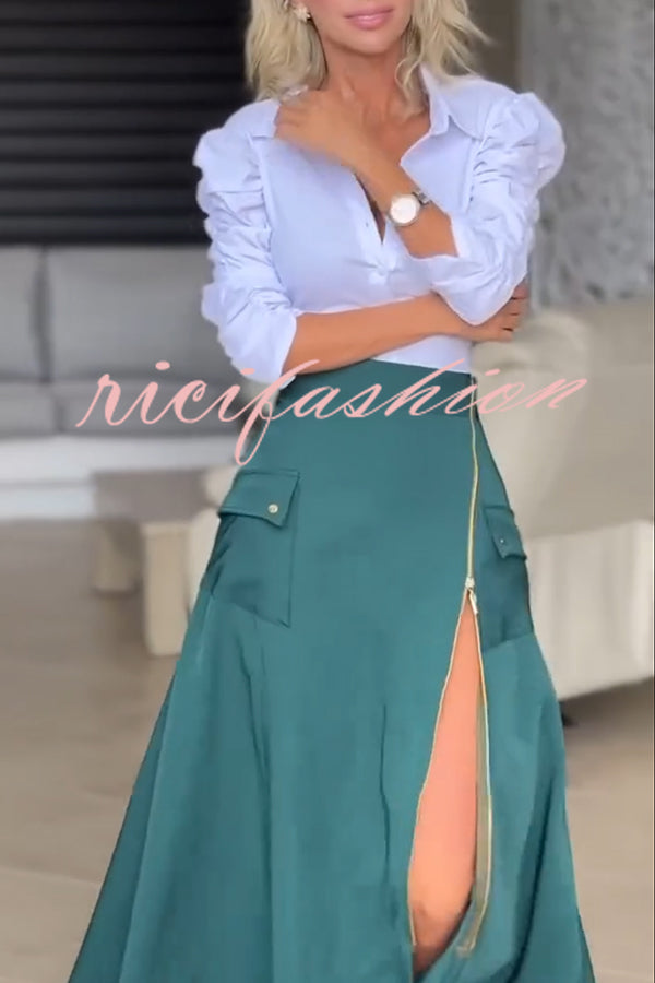 Perfect Shape Elastic Waist Zipper Detail Pocket Cargo Maxi Skirt