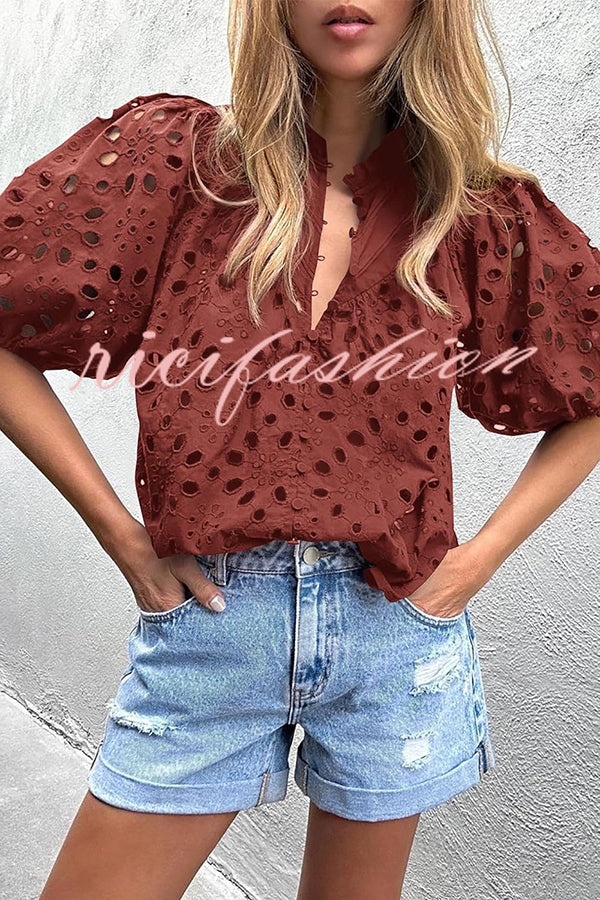 Hollow Embroidered Lace V-neck Buttoned Lantern Sleeve Blouse