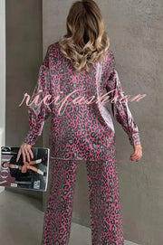 Leopard Print Long-sleeved Casual Top and Loose Elastic Waist Tie Pants Set