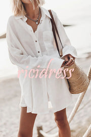 Go To The Beach Linen Blend Pocketed Long Sleeve Oversized Shirt