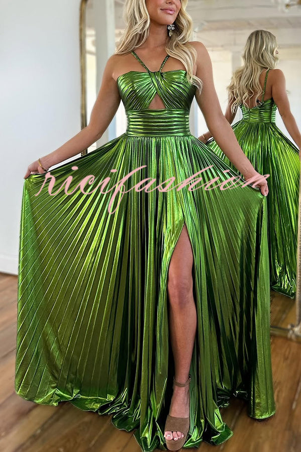 Queen Style Metallic Fabric Cross Neck Cutout Slit Pleated Maxi Dress