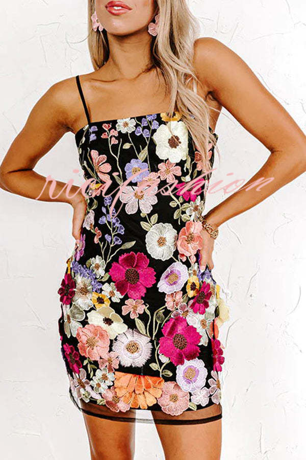 Dream World Embroidered Floral Applique Adjustable Straps Mini Dress