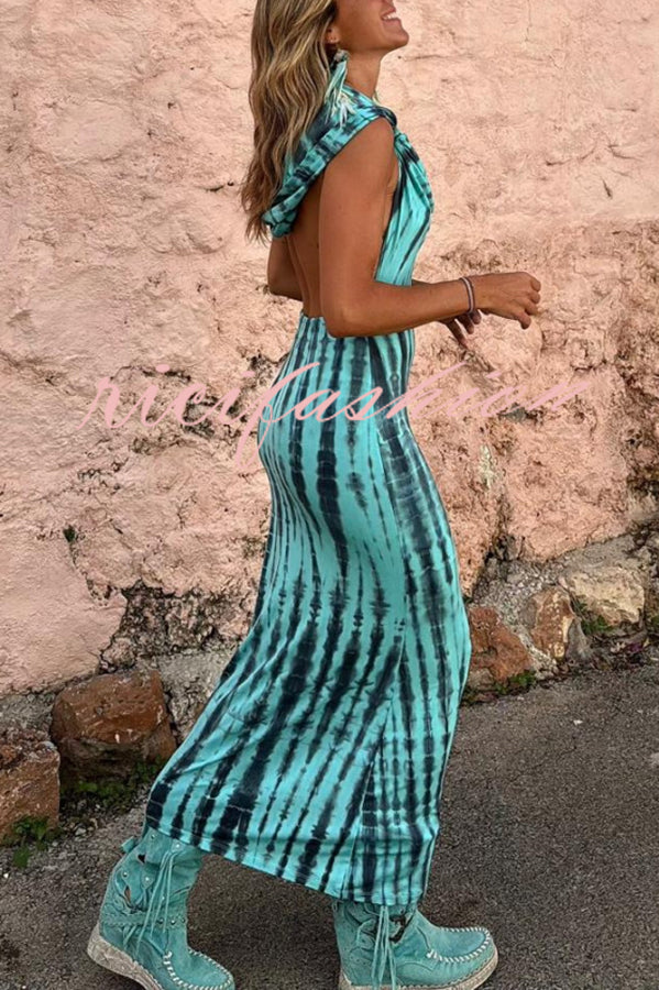 Pietra Tie Dye Print Scoop Neck Backless Hooded Stretch Maxi Dress