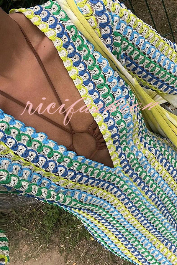 Bondi Beach Knit Colorful Wave Print Long Sleeve Vacation Maxi Dress