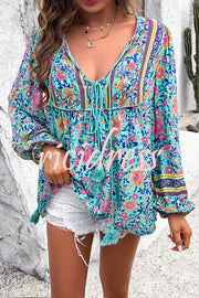 Intricate Floral Print V Neck Lace Up Paneled Long Sleeve Shirt