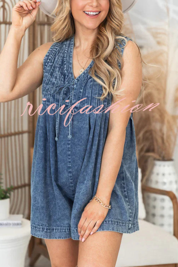 Downtown Daze Denim Pleated Tie-up Pocketed Loose Romper