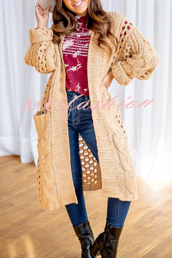 Jamila Knit Cable Cotout Long Sleeve Pocket Oversized Midi Cardigan