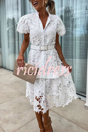 Absolutely Elegant Floral Crochet Lace Puff Sleeve Belted Shirt Midi Dress