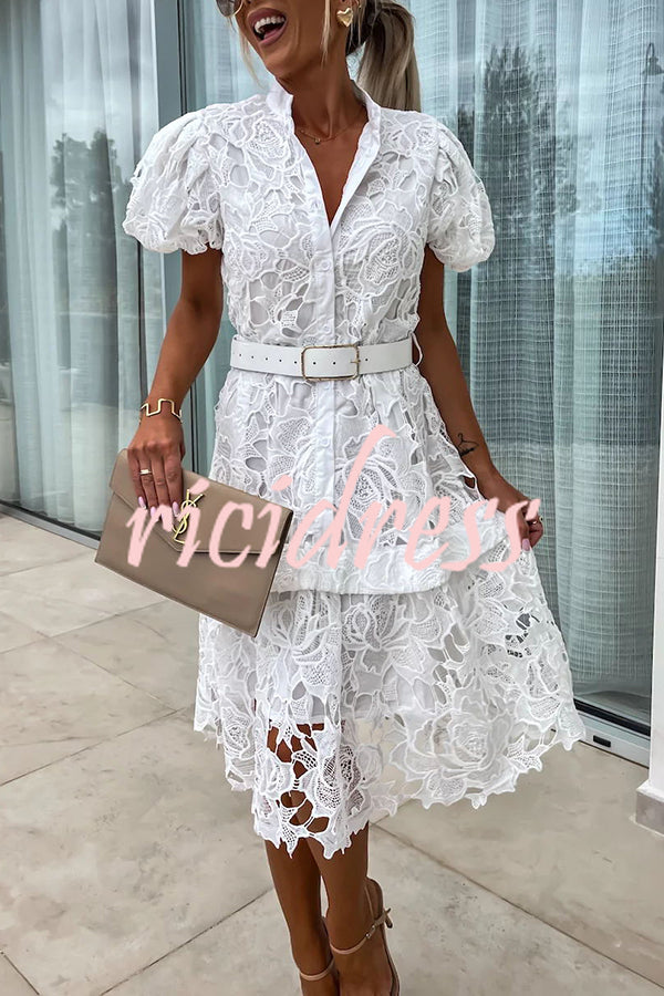 Absolutely Elegant Floral Crochet Lace Puff Sleeve Belted Shirt Midi Dress