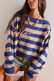 Striped Print Crew Neck Long Sleeve Loose Knitted Sweater