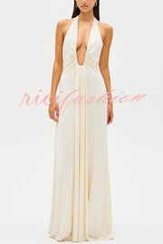 Sexy Silhouette Deep U-neck Halter Waterfall Sash Drape Maxi Dress