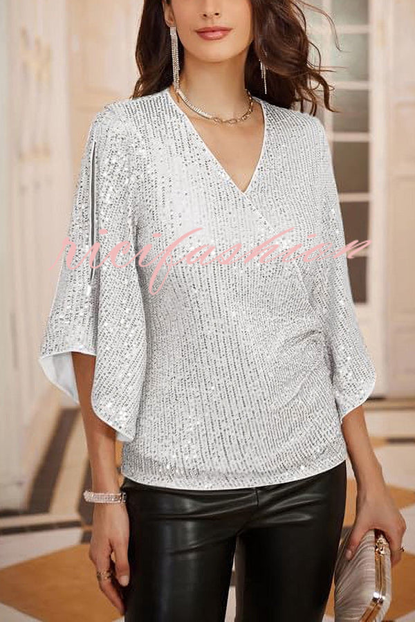 Solid Color Sequined V-neck Hollow Sleeve Slim Fit Top