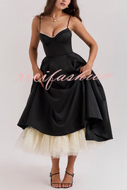 Fairytale Vibe Satin Patchwork Tulle Sweetheart Neck Pocket Stretch Midi Dress