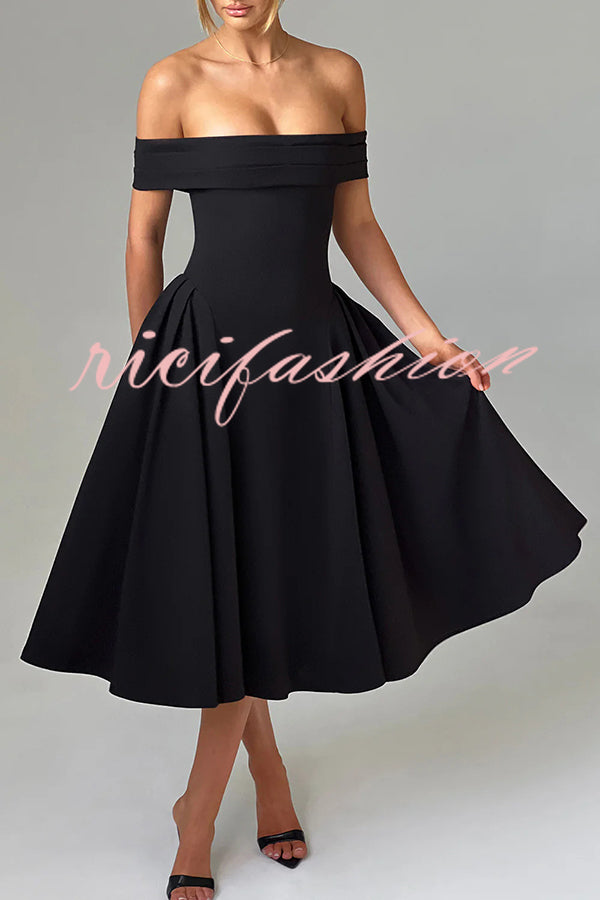 Princess Temperament Batdot Neck Pleat Detail Midi Dress