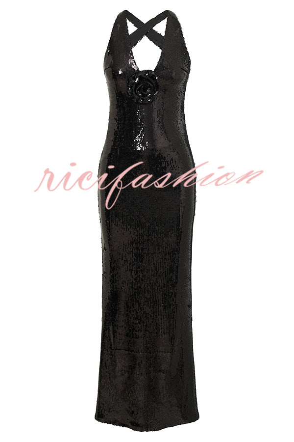 Sicilian Rose Sequin Three-dimensional Floral Sexy Backless Maxi Dress