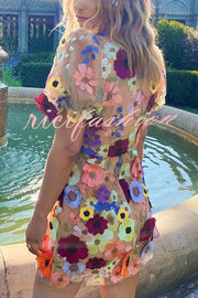 Garden Gala Embroidered Floral Applique Puff Sleeve Mini Dress