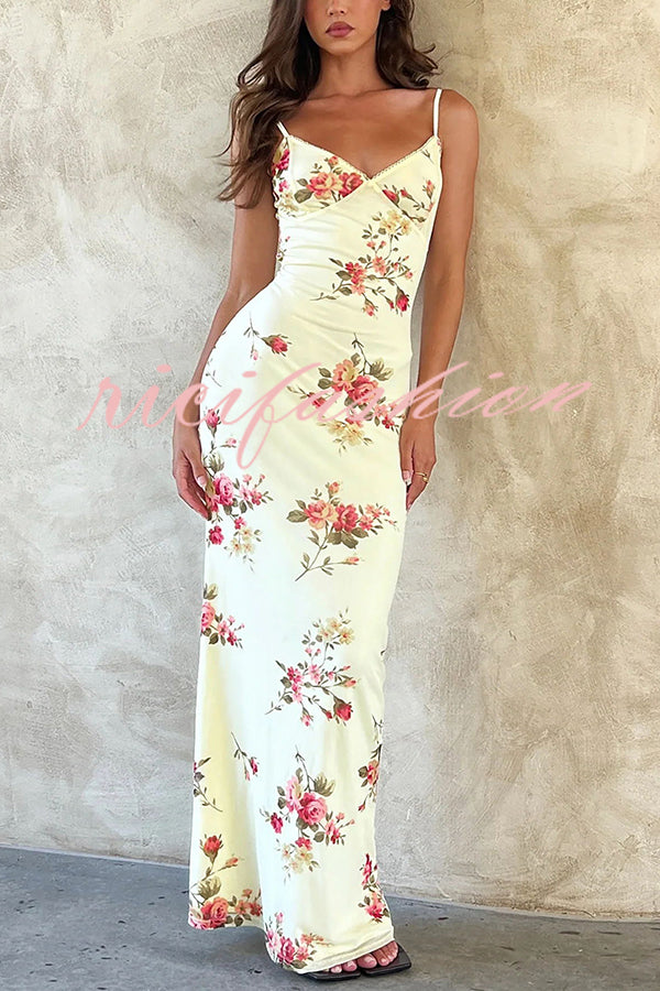 Reveling in The Unknown Floral Print Slip Stretch Maxi Dress