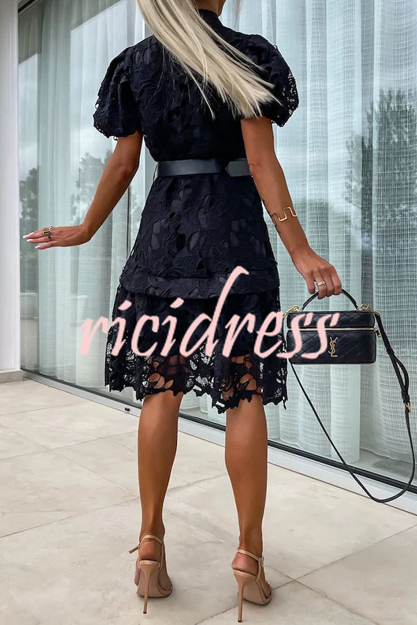 Absolutely Elegant Floral Crochet Lace Puff Sleeve Belted Shirt Midi Dress