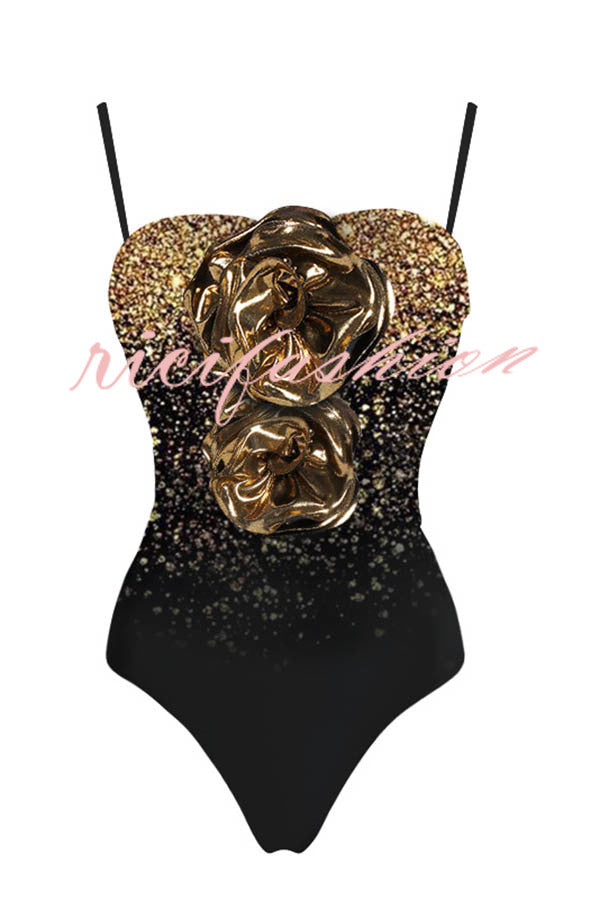 Ombre Sequin Print Metallic Fabric Flower Embellished Stretch One-piece Swimsuit