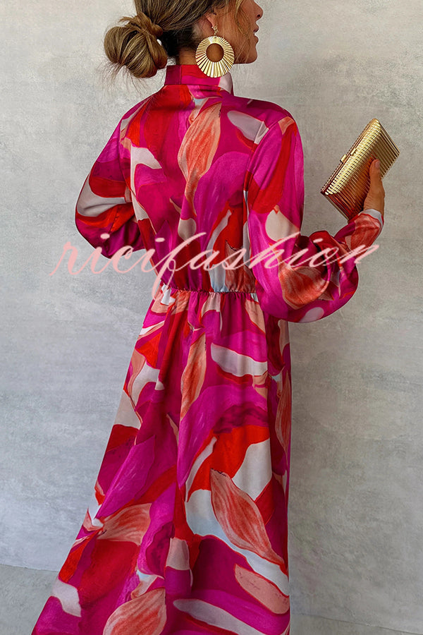 Unique Printed Long Sleeve V-neck Tie-up Waist Slit Maxi Dress