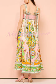 Summer Serenade Linen Blend Unique Print Tie-up Strap Smocked Pocketed Maxi Dress