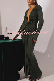 Solid Color Shiny Sexy V-neck Long Sleeve Ribbon Slit Slim Fit Maxi Dress