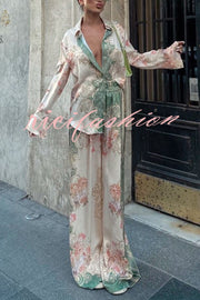 Antibes Satin Court Unique Printed Long Sleeve Loose Shirt and Elastic Waist Pants Set