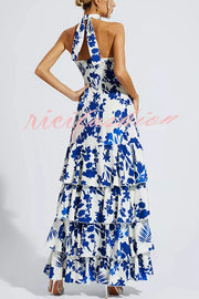 Gorgeous Styling Botanical Print Halter Neck Open Back Tiered Hem Maxi Dress