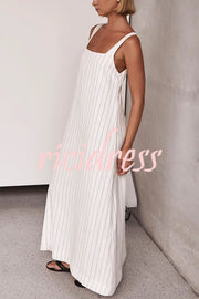 Simple and Stunning Linen Blend Pinstripe Detail Square Neck A-line Maxi Dress