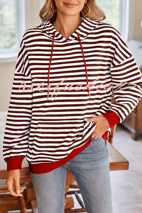 Striped Print Long Sleeve Pocket Loose Hoodie