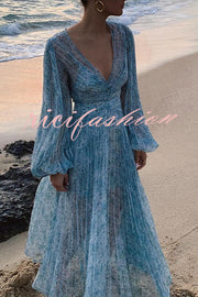 Dreamy Seaside Floral Balloon Sleeve Pleated Lightweight Maxi Dress