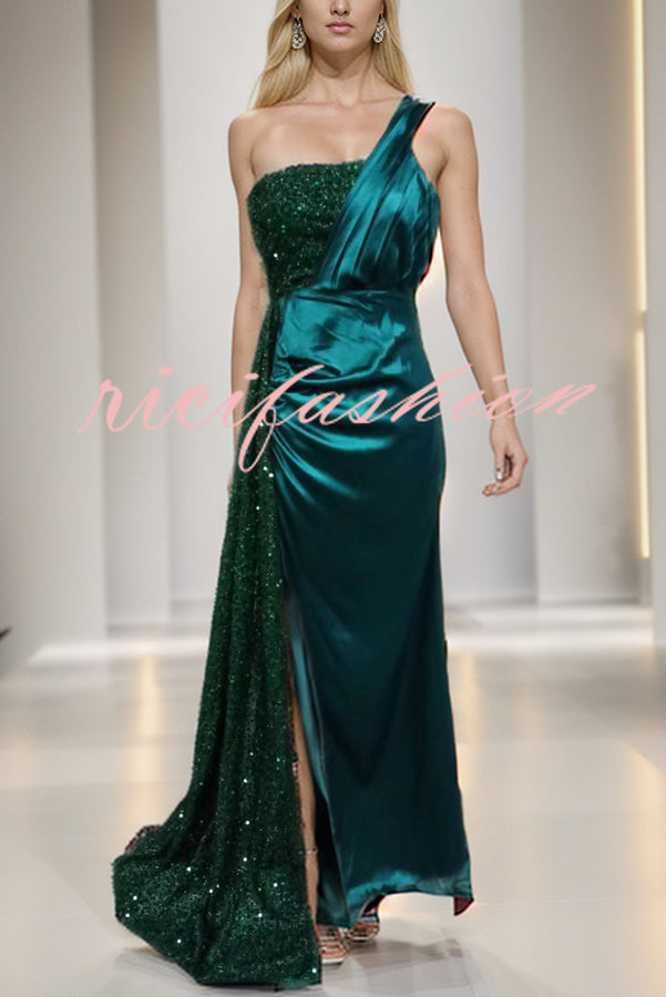 Taylor Sequin Velvet Patchwork One Shoulder Ruched Slit Prom Maxi Dress