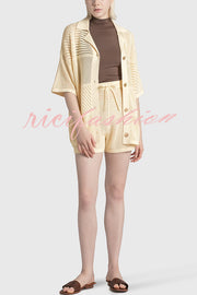 Casual Knitted Hollow Shirt Top and Elastic Waist Tie Loose Shorts Set