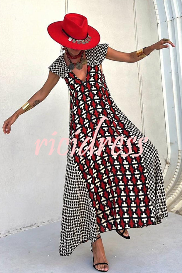 Fresh Breeze Ethnic Unique Print Ruffle Sleeve A-line Maxi Dress