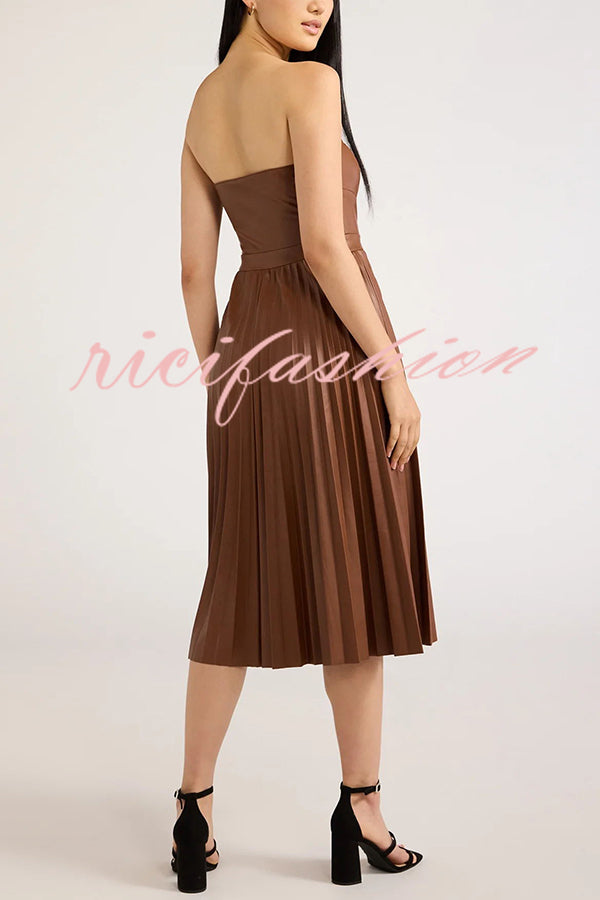 My Juliet Faux Leather Off Shoulder Strapless Pleated Stretch Midi Dress