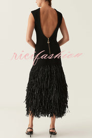 Christie Ribbed Patchwork Tiered Fringed Hem Zipper Backless Maxi Dress