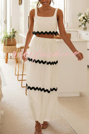 Napa Ric Rac Trims Sleeveless Crop Tank and Drawstring Elastic Waist Pocket Maxi Skirt