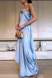 Venus Satin Gold Beaded Off Shoulder Draped Evening Maxi Dress