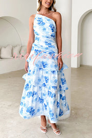 Romantic Season Flower Print One Shoulder Ruched Tiered Maxi Dress