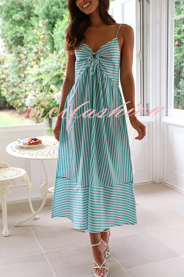 Striped Print Suspenders Gathered Lace-up Loose Midi Dress