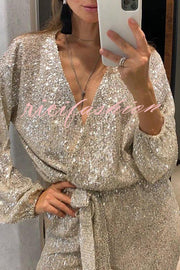 Cheers To You Sequin Long Sleeve Belted Wrap Loose Jumpsuit