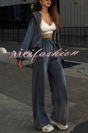 Velvet Casual Zip-up Hooded Top and Elastic Waist Wide Leg Pants Set